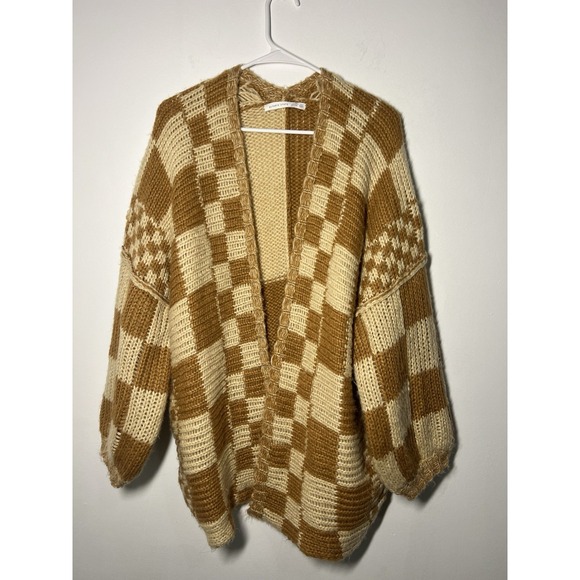 Altar'd State Sweaters - Altar'd State Women's Chunky Knit Colorblock Checked Cardigan Yellow Sweater XL